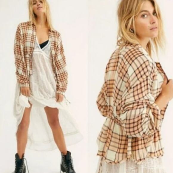 We The Free People Pacific Dawn Top Womens XS Peach Tree Combo Drawstring Shirt - Picture 1 of 12